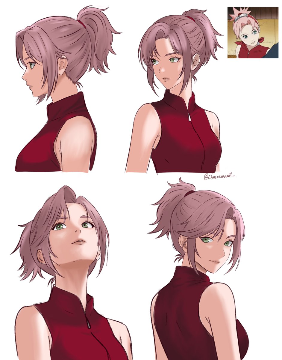 1girl, anime_screenshot_inset, bare_shoulders, chococurrent, closed_mouth, english_commentary, green_eyes, haruno_sakura, highres, multiple_views, naruto_(series), naruto_shippuuden, parted_lips, pink_hair, ponytail, red_shirt, screenshot_inset, shirt, short_hair, short_ponytail, sleeveless, sleeveless_shirt, smile, twitter_username, upper_body, white_background