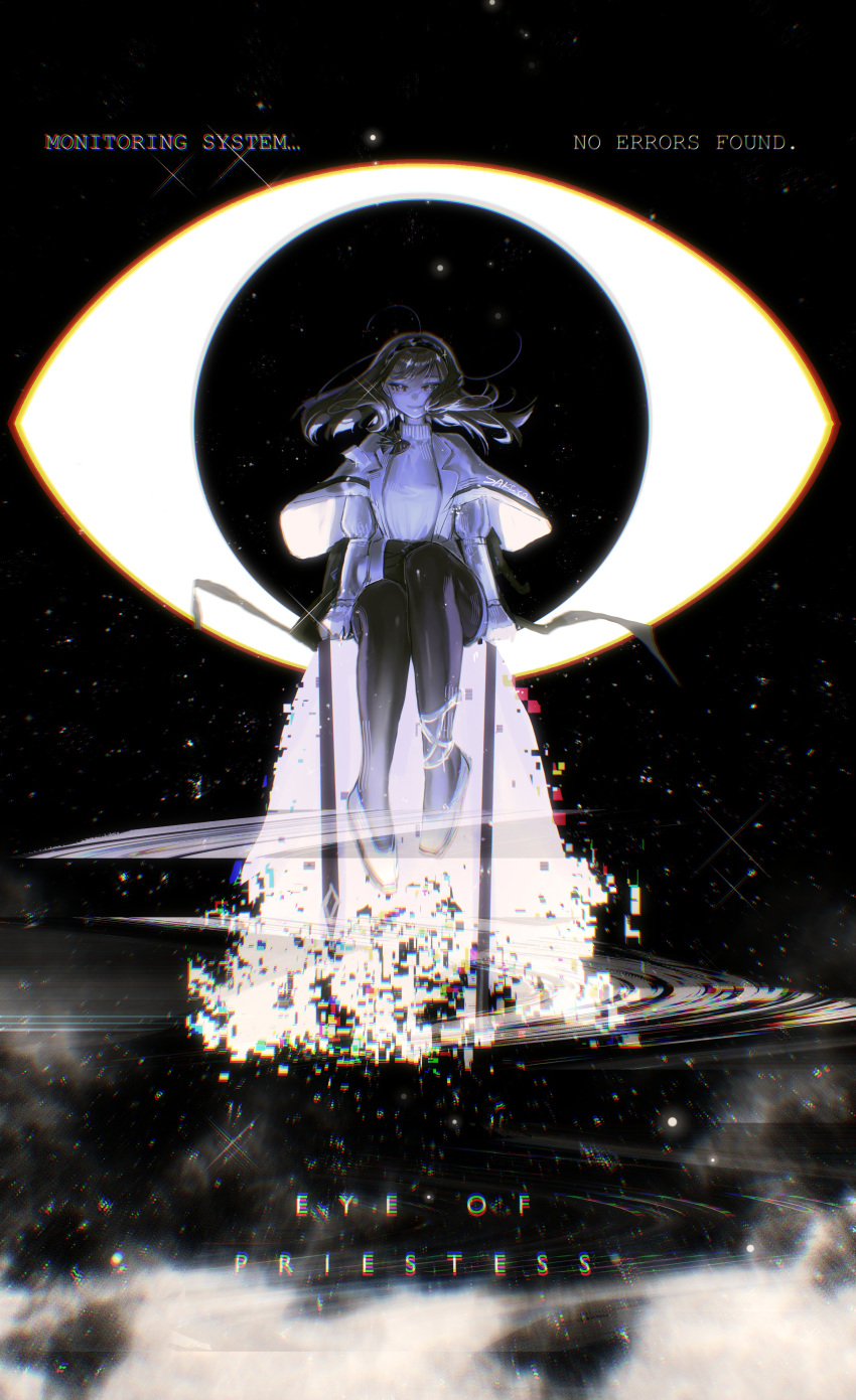 1girl, absurdres, arknights, artist_name, black_hair, black_hairband, black_pantyhose, coat, commentary_request, diamond-shaped_pupils, diamond_(shape), english_commentary, english_text, floating, full_body, glitch, hairband, highres, lab_coat, long_hair, long_sleeves, looking_at_viewer, mixed-language_commentary, pantyhose, priestess_(arknights), sakiyo, shoes, smile, solo, sweater, symbol-shaped_pupils, turtleneck, turtleneck_sweater, white_coat, white_shoes, white_sweater
