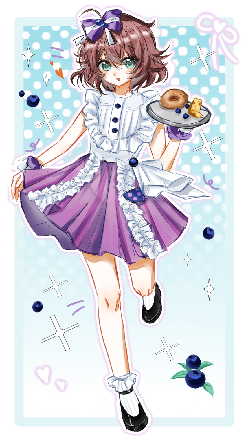 ._(kusvekoxa), 1girl, :d, absurdres, aqua_eyes, bagel, black_shoes, blue_background