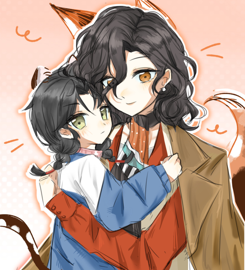 ._(kusvekoxa), 2girls, aged_down, animal_ears, black_hair, black_neckerchief, braid, brown_coat, brown_eyes, brown_vest, cat_ears, cat_girl, cat_tail, chinese_track_school_uniform, coat, coat_on_shoulders, commentary, fox_ears, fox_girl, fox_tail, hair_between_eyes, highres, hug, kemonomimi_mode, liang_yue_(reverse:1999), looking_at_viewer, low_twin_braids, medium_hair, multiple_girls, neckerchief, noire_(reverse:1999), pink_background, red_shirt, reverse:1999, school_uniform, shirt, short_hair, sketch, symbol-only_commentary, tail, twin_braids, vest, yellow_eyes