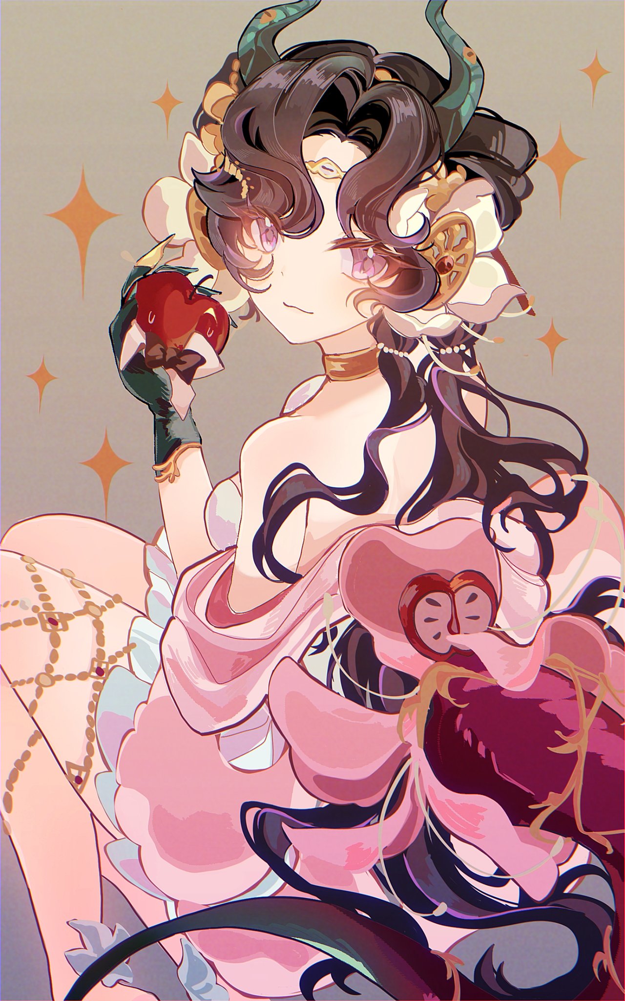 1girl, anjo_nala, anjo_nala_(forbidden_fruit), apple, bare_shoulders, black_hair, commentary, demon_horns
