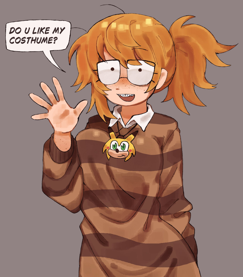 1girl, braces, breasts, cosplay, english_text, eyebrows_hidden_by_hair, freckles, glasses