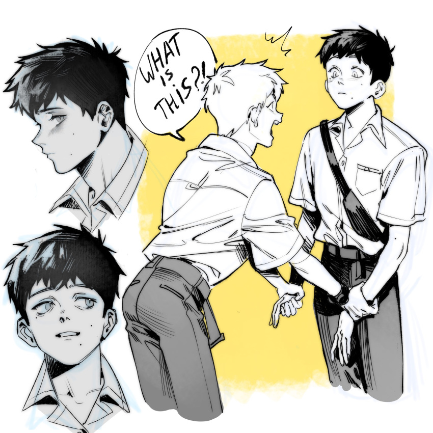 2boys, ass, closed_mouth, collared_shirt, cropped_legs, crossbody_bag, english_text, eye_contact