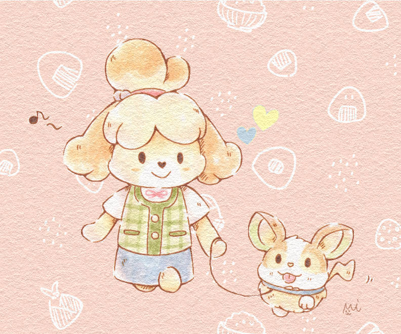 1girl, :3, animal_crossing, blue_skirt, blush, closed_mouth, commentary, company_connection, crossover, dog, dog_girl, full_body, green_vest, heart-shaped_nose, holding, holding_leash, isabelle_(animal_crossing), leash, mian_(user_kwcj2833), musical_note, neck_ribbon, pet_walking, pink_background, pink_ribbon, plaid_clothes, plaid_vest, pokemon, pokemon_(creature), ribbon, shirt, short_sleeves, skirt, smile, solid_oval_eyes, spoken_musical_note, tongue, tongue_out, vest, white_shirt, yamper