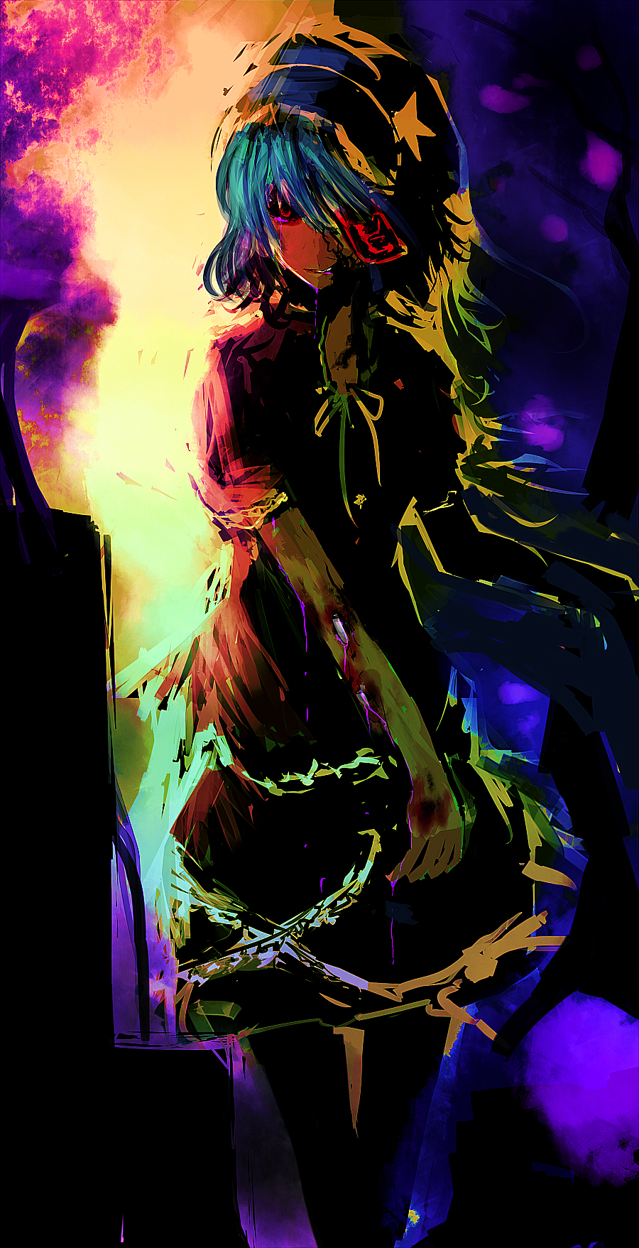 31_violence, bone, dark, green_hair, hat, highres, miyako_yoshika, ofuda, red_eyes, rotting, short_hair, skirt, solo, star, touhou, violence_kumahina, zombie