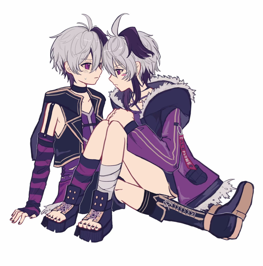 2girls, 7umu91, ahoge, arm_support, arm_warmers, bandaged_leg, bandages, black_boots