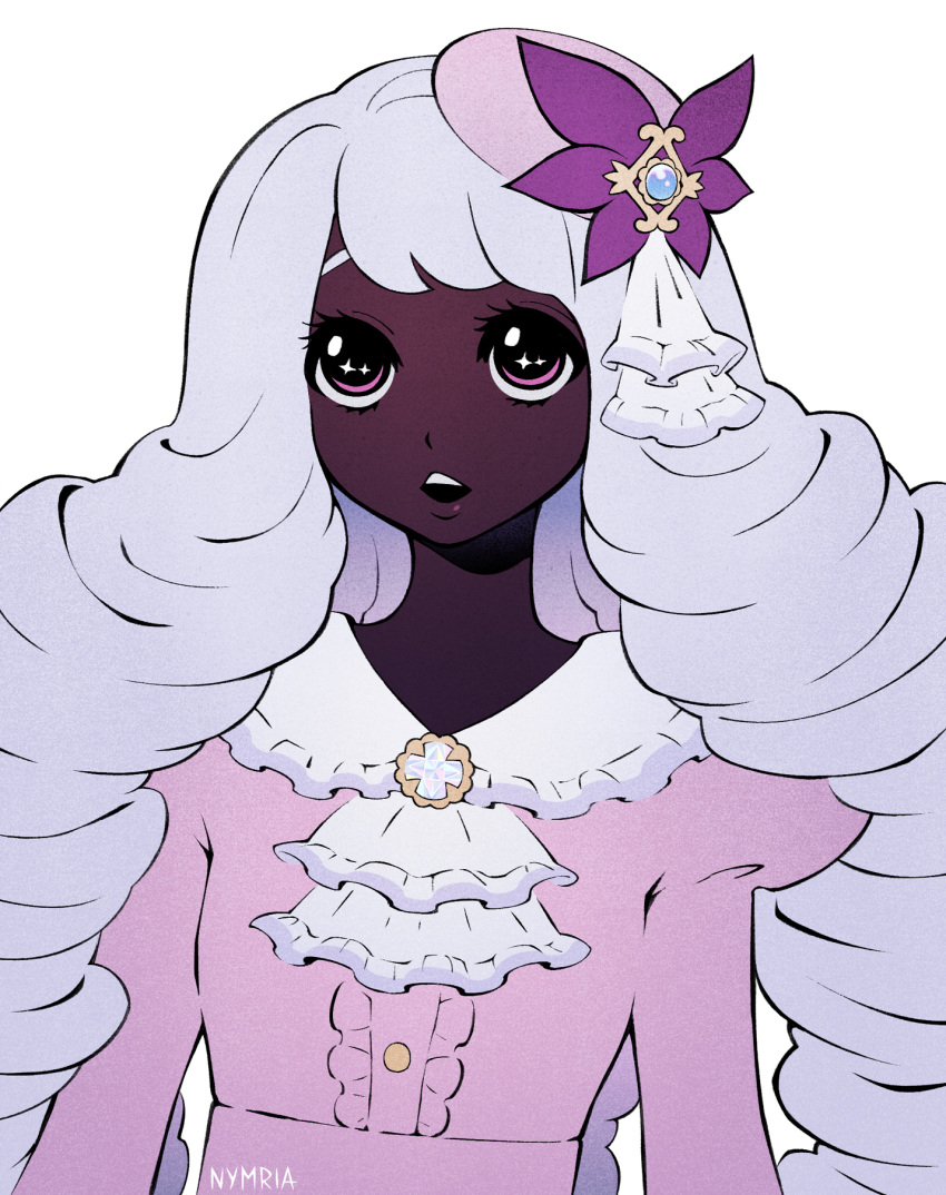 1girl, ascot, brooch, center_frills, dark-skinned_female, dark_skin, dress, eyelashes