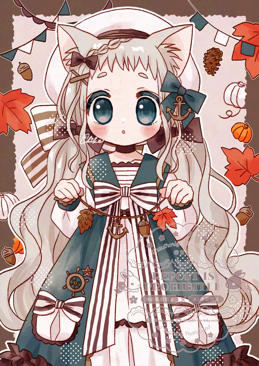 1girl, absurdres, anchor_hair_ornament, animal_ears, aqua_dress, aqua_eyes, autumn, autumn_leaves
