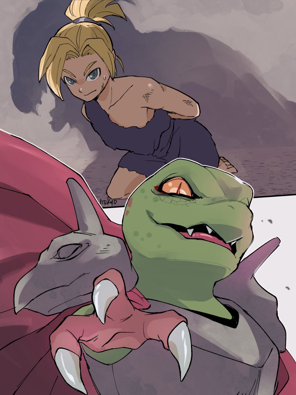 1boy, 1girl, armor, arms_behind_back, azala, barefoot, blonde_hair, breastplate