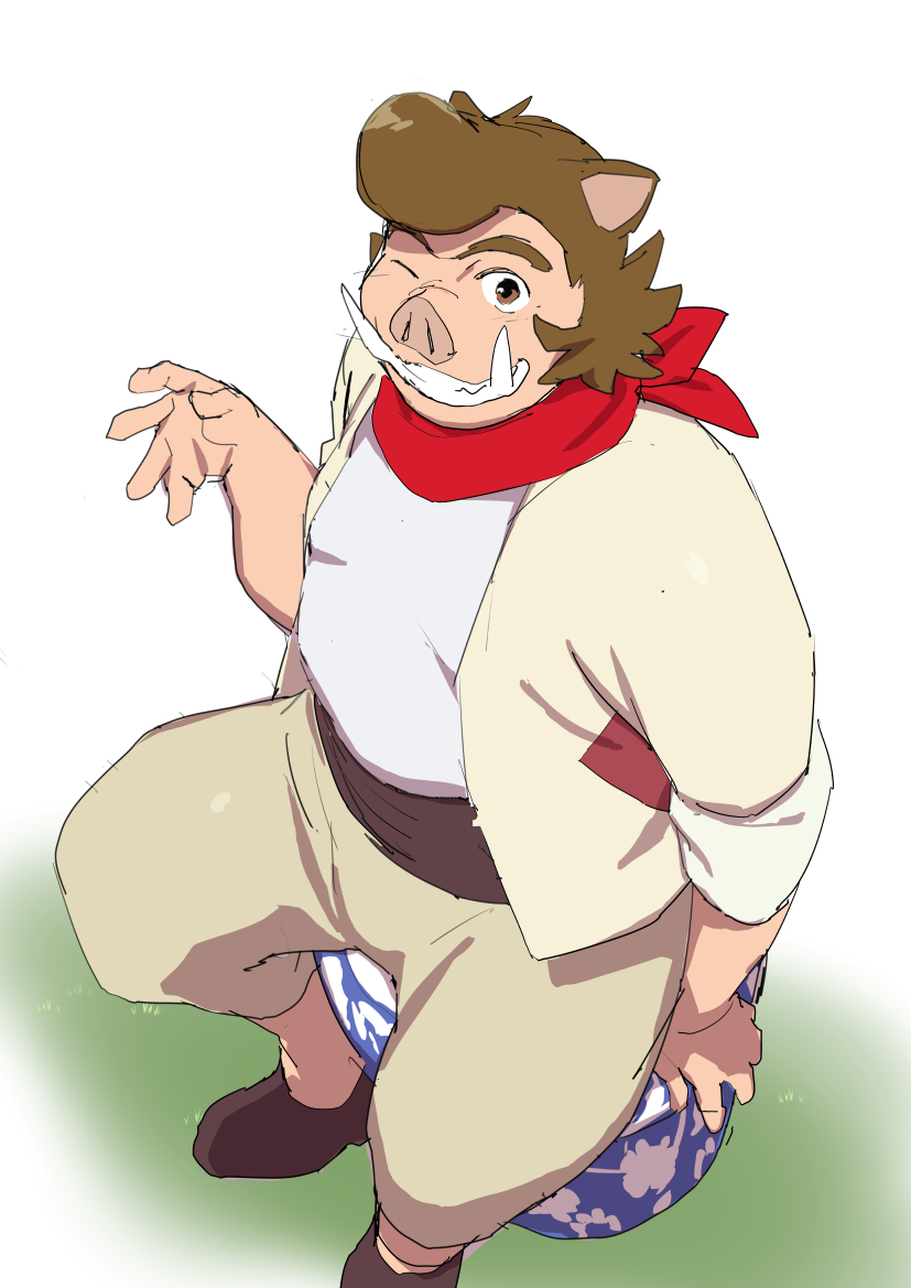 1boy, animal_ears, bakemono_no_ko, boar_boy, boar_ears, brown_hair, brown_jacket, brown_pants
