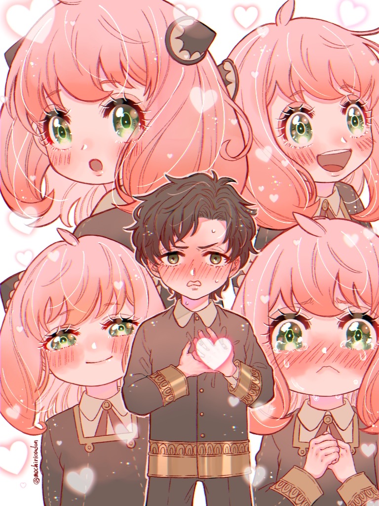 1boy, 1girl, ahoge, anya_(spy_x_family), black_dress, black_hair, black_jacket, black_shorts, blush, brown_eyes, child, closed_mouth, clutching_chest, collared_shirt, cowboy_shot, crying, damian_desmond, dress, eden_academy_school_uniform, furrowed_brow, gold_trim, green_eyes, hairpods, hands_on_own_chest, hetero, jacket, medium_hair, mochirioudon, open_mouth, own_hands_clasped, own_hands_together, parted_bangs, parted_lips, pink_hair, red_cross_tie, school_uniform, shirt, short_hair, shorts, smile, spy_x_family, sweatdrop, tears