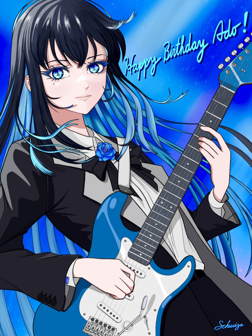 1girl, ado_(utaite), aegyo_sal, black_bow, black_bowtie, black_coat, black_hair, blue_eyes, blue_flower, blue_hair, blue_rose, bow, bowtie, chando_(ado), closed_mouth, coat, colored_inner_hair, commentary, electric_guitar, flower, guitar, hair_between_eyes, happy_birthday, highres, holding, holding_guitar, holding_instrument, instrument, long_hair, long_sleeves, looking_at_viewer, mole, mole_under_eye, multicolored_hair, rose, sidelocks, solo, tomoyaku, utaite