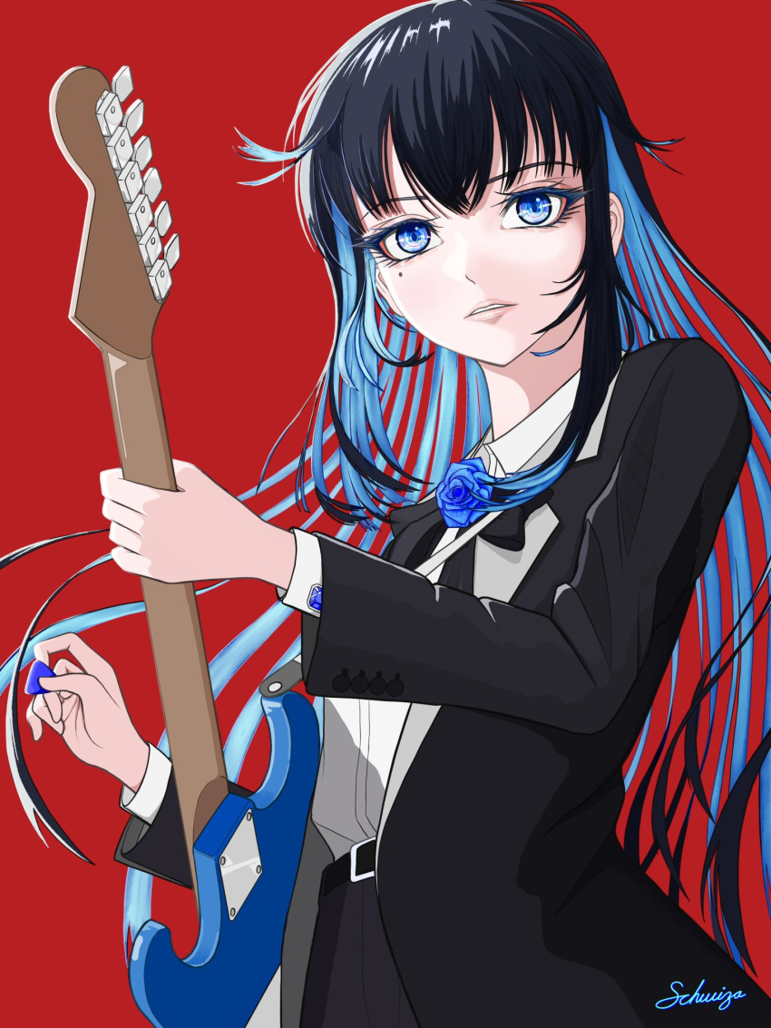 1girl, ado_(utaite), black_bow, black_bowtie, black_coat, black_hair, blue_eyes, blue_flower, blue_hair, blue_rose, bow, bowtie, chando_(ado), coat, collared_shirt, colored_inner_hair, commentary, electric_guitar, flower, guitar, highres, holding, holding_guitar, holding_instrument, holding_plectrum, instrument, long_hair, long_sleeves, mole, mole_under_eye, multicolored_hair, open_mouth, plectrum, red_background, rose, shirt, shoka_(ado), simple_background, solo, tomoyaku, utaite, white_shirt