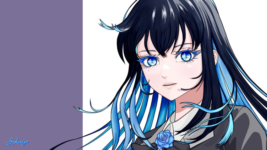 1girl, ado_(utaite), aegyo_sal, black_hair, blue_eyes, blue_flower, blue_hair, blue_rose