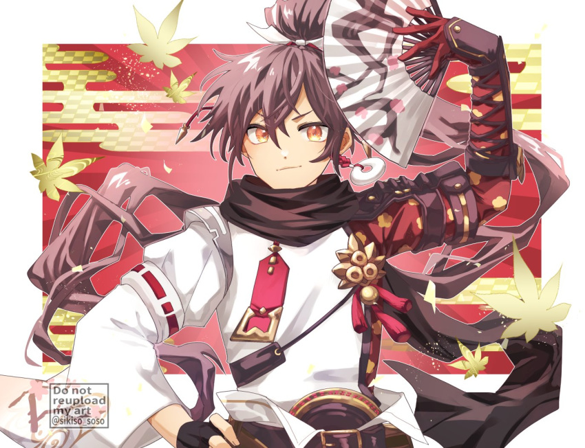 1boy, black_scarf, brown_hair, frilled_hand_fan, grey_kimono, hair_between_eyes, hand_fan, holding, holding_fan, japanese_clothes, kimono, long_hair, looking_at_viewer, male_focus, ponytail, rune_factory, rune_factory:_guardians_of_azuma, scarf, sikiso_soso, subaru_(rune_factory)