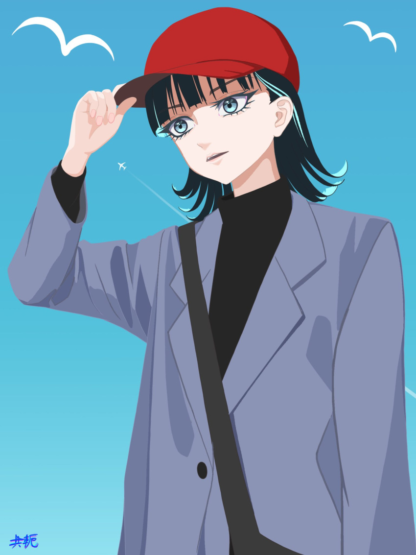 1girl, ado_(utaite), baseball_cap, black_shirt, blue_background, blue_streaks, commentary_request, contrail