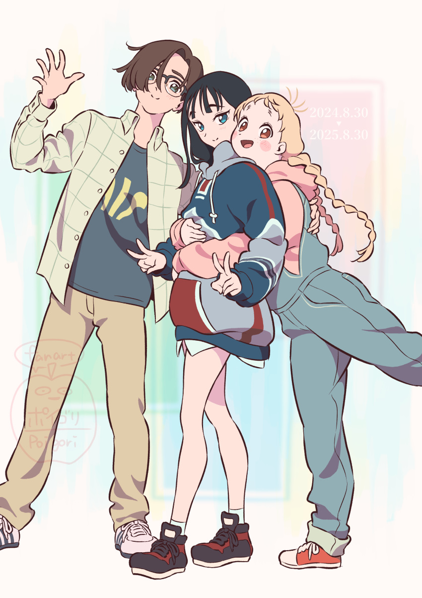1boy, 2girls, :d, absurdres, anniversary, aqua_eyes, black_hair, black_shoes