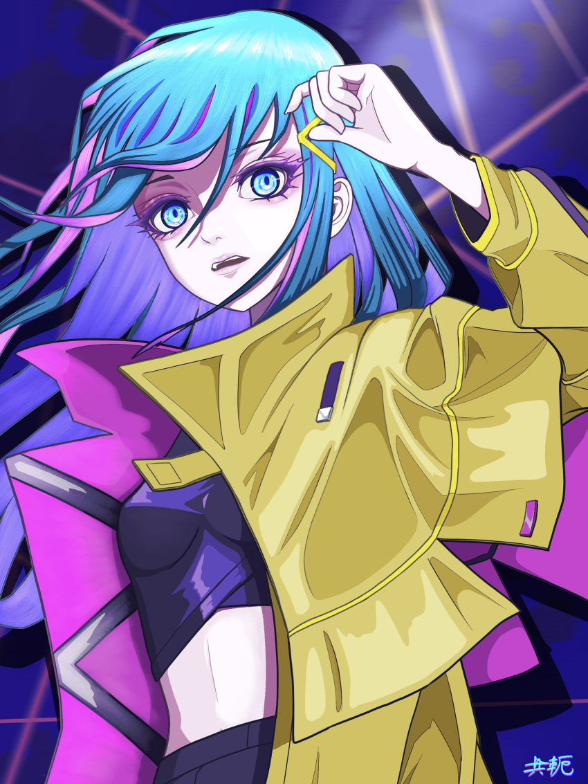 1girl, ado_(utaite), blue_hair, breasts, coat, colored_inner_hair, commentary_request, hair_between_eyes