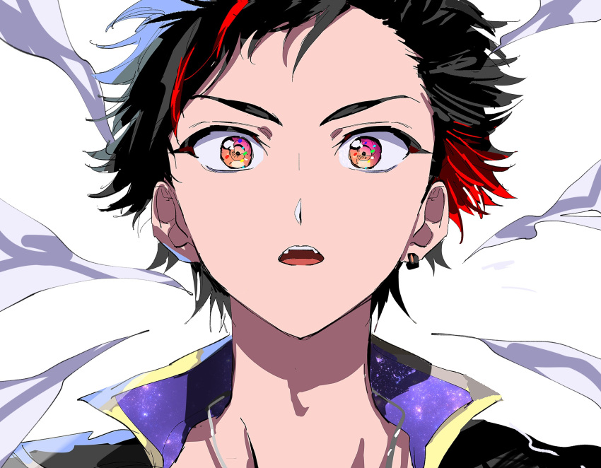 1boy, black_hair, close-up, cum, cum_on_body, earrings, eichi_turnr, ensemble_stars!, high_collar, highres, jewelry, male_focus, multicolored_hair, nagumo_tetora, open_mouth, red_hair, short_hair, single_earring, solo, streaked_hair, two-tone_hair