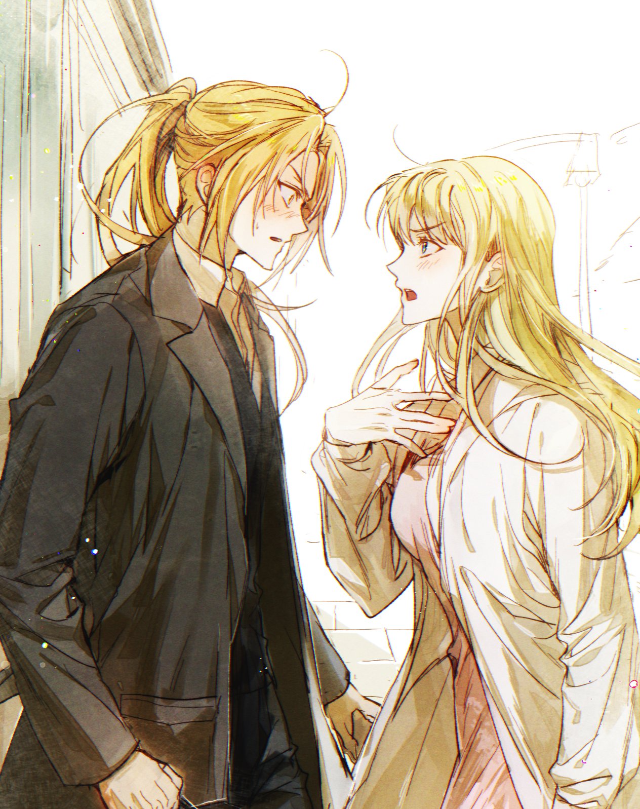 1boy, 1girl, a_mongs2, ahoge, black_jacket, black_vest, blonde_hair, blue_eyes