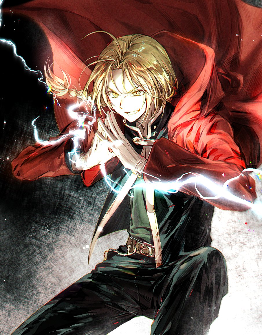 1boy, a_mongs2, ahoge, belt, black_jacket, black_pants, black_shirt, blonde_hair