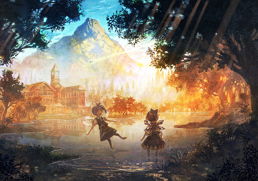 cirno, clock, clock_tower, daiyousei, danmaku, flying, forest, gate