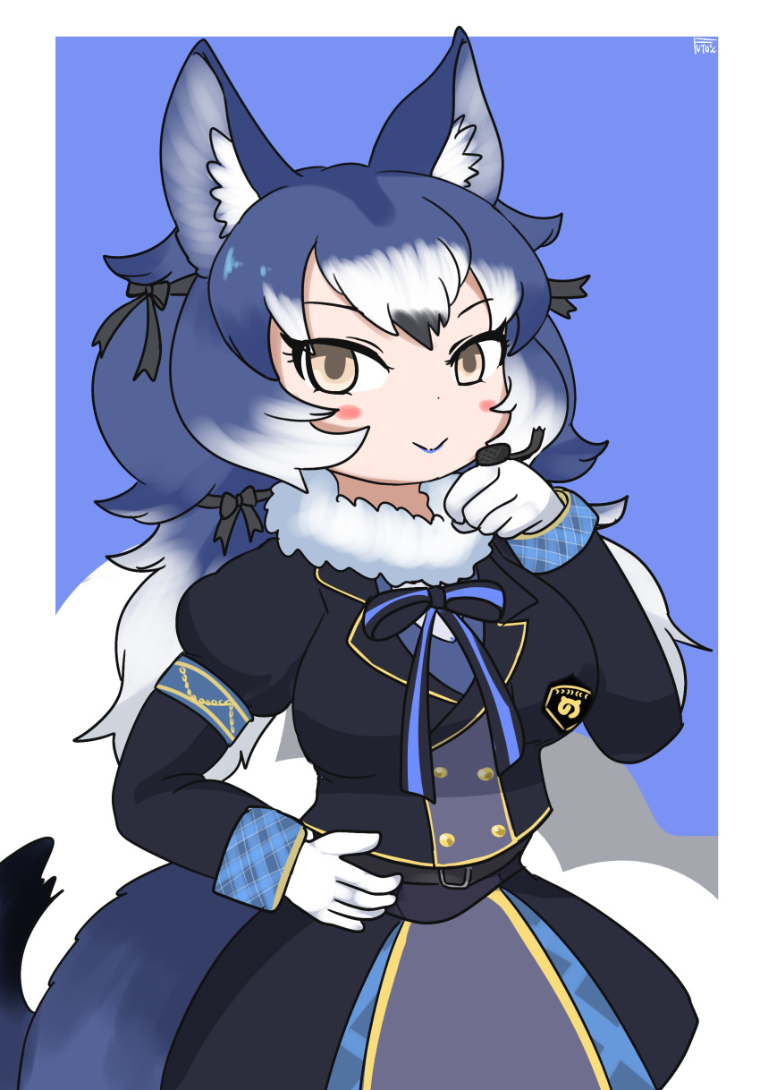 1girl, absurdres, animal_ears, belt, blue_background, blue_hair, dire_wolf_(kemono_friends), extra_ears