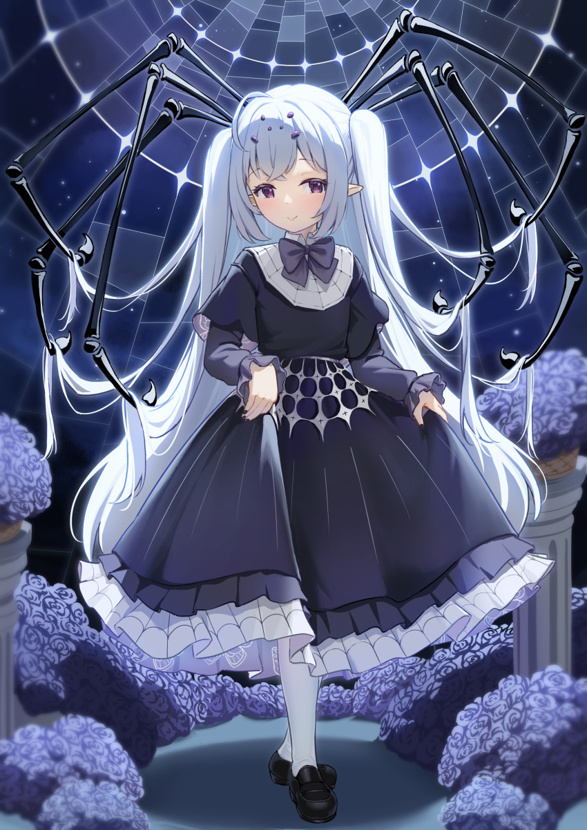 1girl, absurdres, ahoge, arthropod_girl, bow, bowtie, chinese_commentary, commentary, dress, flower, frilled_dress, frills, full_body, glass_ceiling, highres, layered_sleeves, loafers, long_hair, long_sleeves, nabe-san, night, night_sky, original, pantyhose, pointy_ears, purple_flower, purple_rose, rose, shoes, short_over_long_sleeves, short_sleeves, silk, skirt_hold, sky, smile, solo, spider_girl, spider_web, star_(sky), starry_sky, two_side_up, very_long_hair, violet_eyes, white_hair