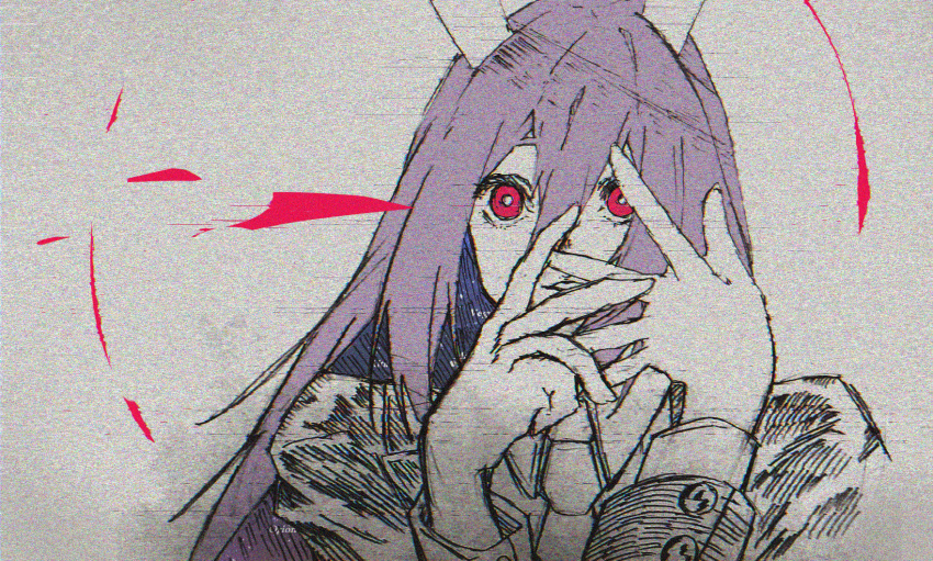 1girl, animal_ears, collared_shirt, commentary_request, covering_face, grey_background, hair_between_eyes, hands_up