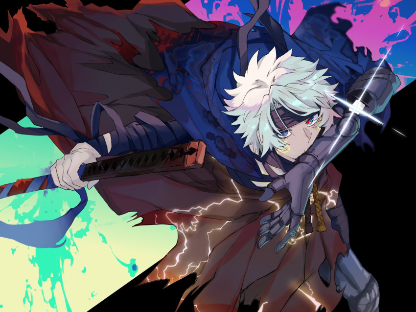 1boy, bandaged_torso, bandages, black_headband, cloak, commentary, fate/grand_order, fate_(series), headband, highres, holding, holding_weapon, kamigokuin, katana, male_focus, prosthesis, prosthetic_arm, prosthetic_leg, prosthetic_sword, short_hair, solo, sword, symbol-only_commentary, torn_cloak, torn_clothes, toudou_heisuke_(fate), toudou_heisuke_(second_ascension)_(fate), weapon, white_hair
