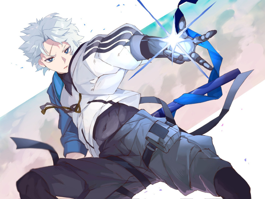 1boy, blue_eyes, commentary, fate/grand_order, fate_(series), highres, jacket, kamigokuin, long_sleeves, looking_at_viewer, male_focus, pants, prosthesis, prosthetic_arm, prosthetic_sword, scar, scar_on_face, scar_on_forehead, short_hair, solo, symbol-only_commentary, toudou_heisuke_(fate), white_hair