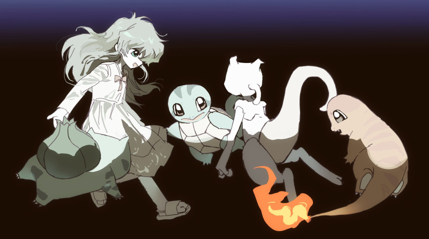 1girl, ambertwo_(pokemon), blue_eyes, bright_pupils, bulbasaurtwo, charmandertwo, claws, closed_mouth