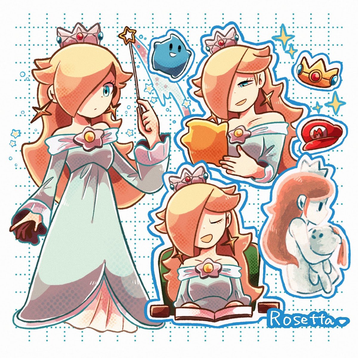 1girl, bare_shoulders, blonde_hair, blue_dress, blue_eyes, blue_luma, book, brooch