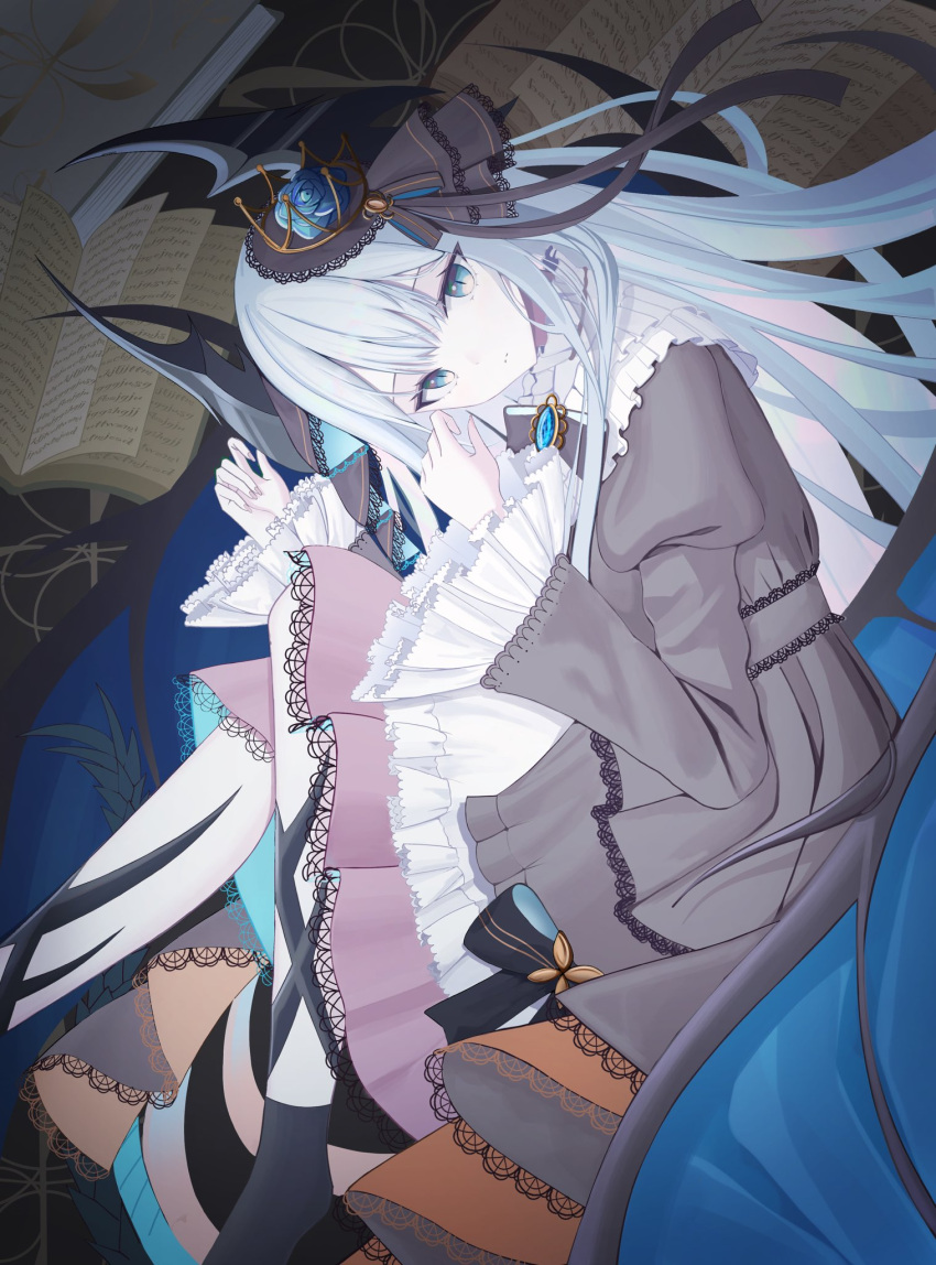 1girl, :|, black_bow, book, bow, closed_mouth, dragon_girl, dragon_wings