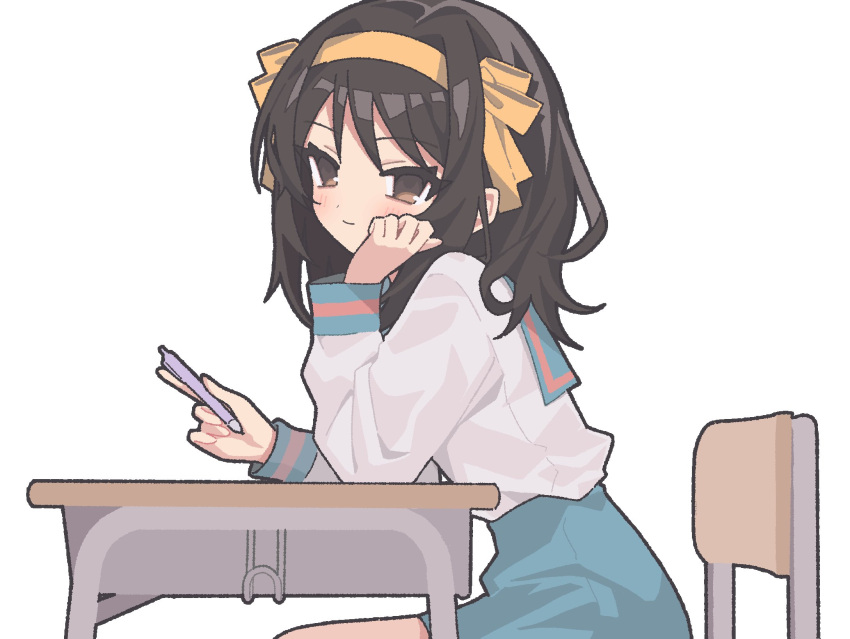 1girl, blue_sailor_collar, blue_skirt, blush, bow, bow_hairband, brown_eyes, brown_hair