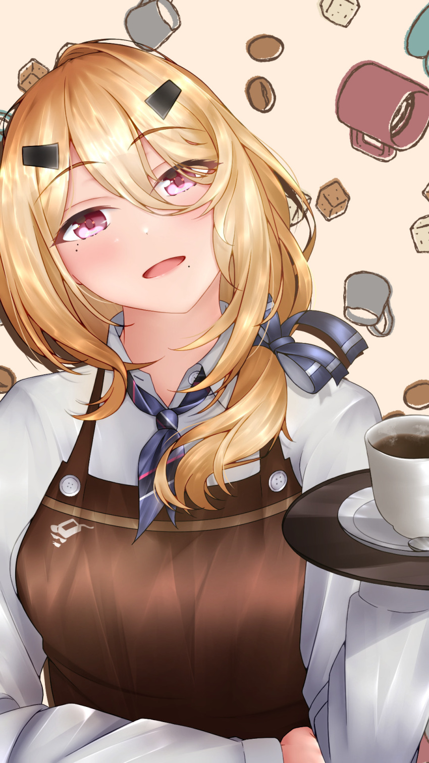 1girl, alternate_costume, andoris_(girls'_frontline_2), apron, blonde_hair, blue_necktie, blue_ribbon, blush, breasts, brown_apron, cafe, coffee_mug, crossed_arms, cup, girls'_frontline_2:_exilium, girls_frontline, hair_ornament, hair_ribbon, hairclip, highres, holding, holding_tray, long_hair, long_sleeves, looking_at_viewer, mole, mole_under_eye, mole_under_mouth, mug, necktie, open_mouth, parted_lips, ribbon, shirt, sidelocks, simple_background, smile, solo, tray, upper_body, violet_eyes, white_shirt