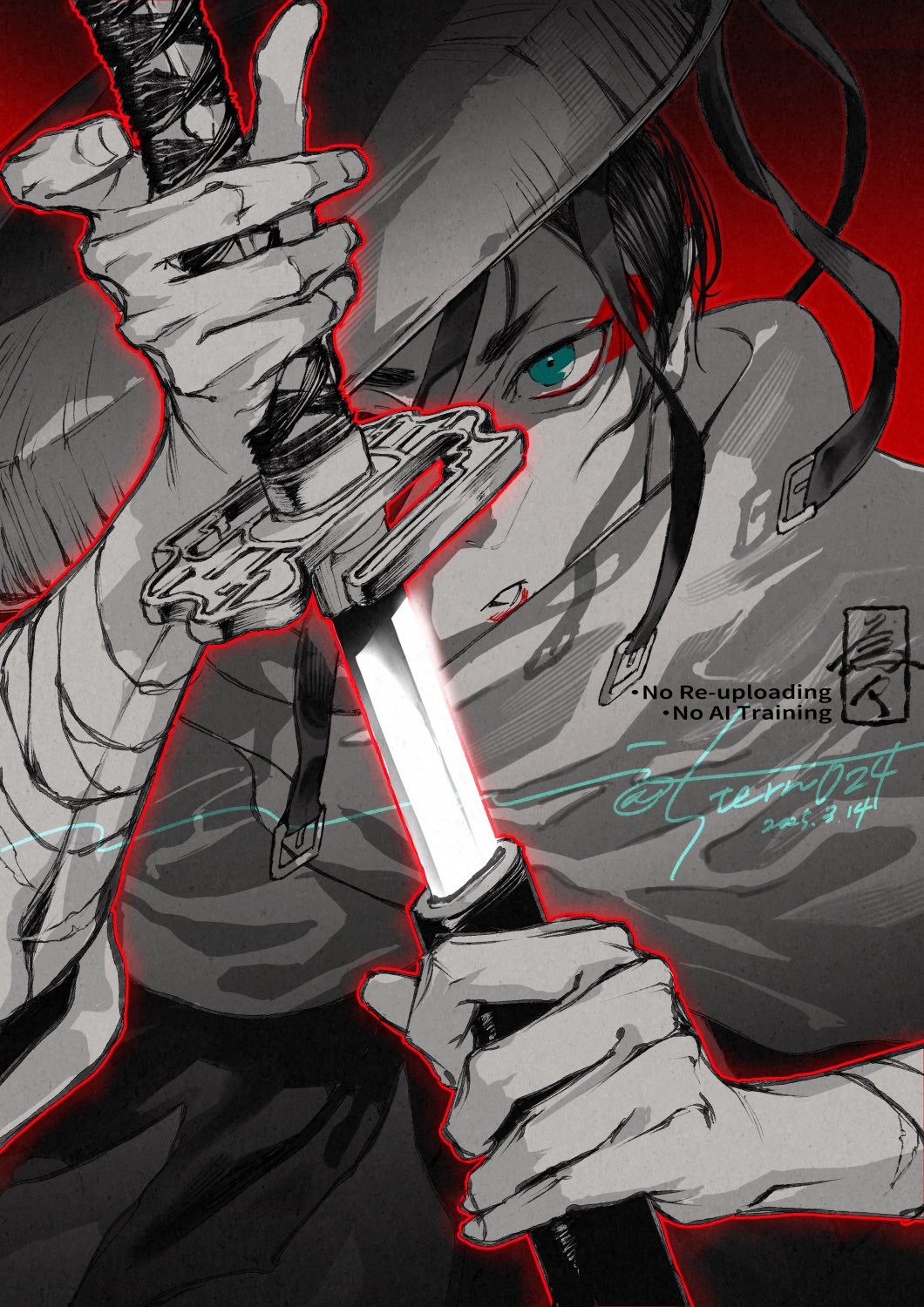 1boy, cloak, eyeshadow, green_eyes, highres, holding, holding_sheath, holding_sword, holding_weapon, kagurabachi, katana, kumeyuri_(sword), looking_at_viewer, makeup, male_focus, partially_colored, red_eyeshadow, sheath, short_hair, solo, spot_color, stern024, sword, uruha_youji, weapon