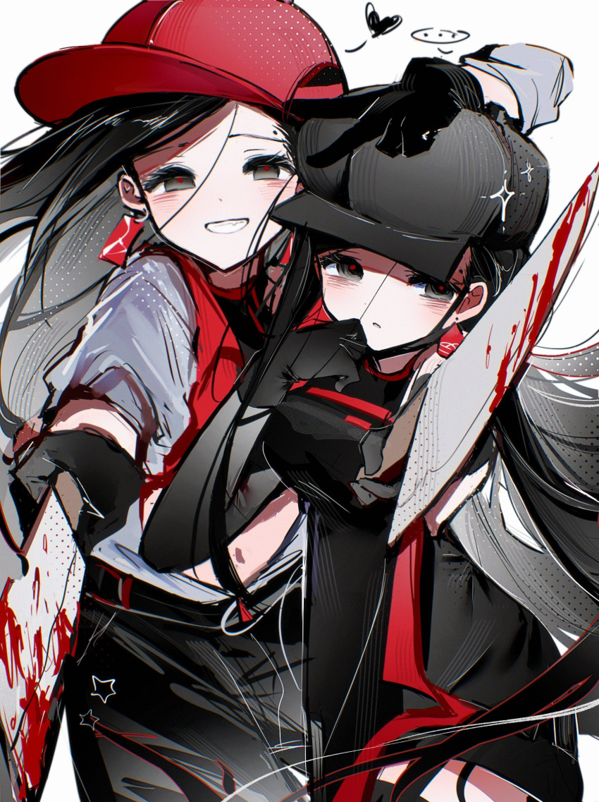 2girls, apron, baseball_cap, black_apron, black_eyes, black_gloves, black_hair, black_hat, black_mask, black_pants, black_shirt, blood, blood_on_knife, crop_top, dual_persona, earrings, gloves, hashtag-only_commentary, hat, heart, highres, holding, holding_knife, jacket, jewelry, kan_084, knife, long_hair, low_ponytail, mask, mask_pull, midriff, mouth_mask, multiple_girls, navel, pants, ponytail, red_hat, red_pupils, red_trim, shirt, synthesizer_v, vimalion_pro, white_jacket, yi_xi_(synthesizer_v)