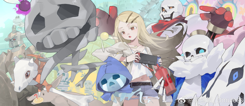 1girl, belt, black_belt, blue_eyes, bracelet, building, character_request, crossover
