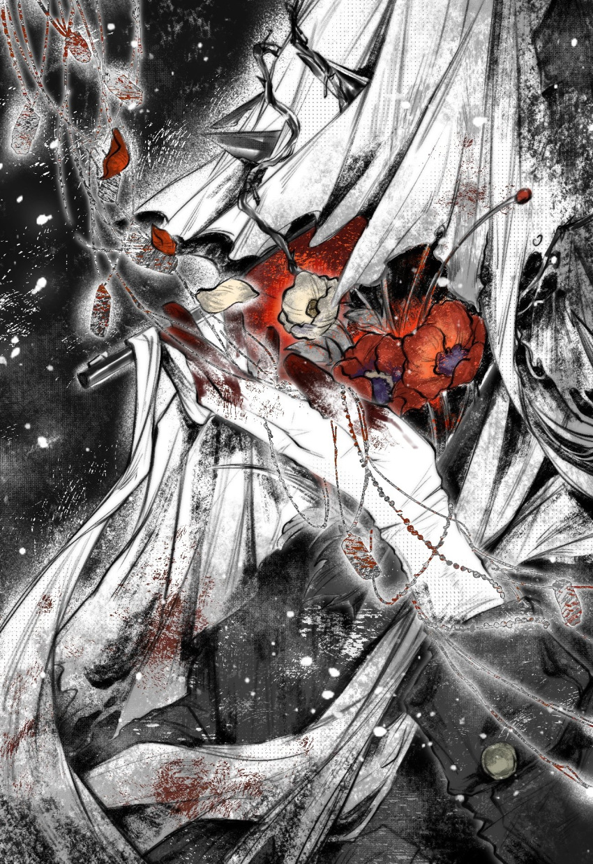 1boy, black_background, charon_(reverse:1999), coat, covered_face, dog_tags, eat_cola, flower