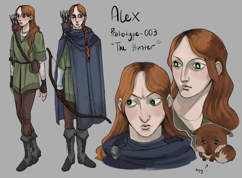 1other, alex_(minecraft), arm_hair, blue_cloak, boots, bow_(weapon), braid, bright_pupils