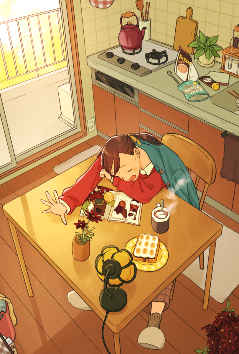 1girl, aqua_jacket, arm_out_of_sleeve, arm_pillow, bag, book, brown_hair, brown_socks