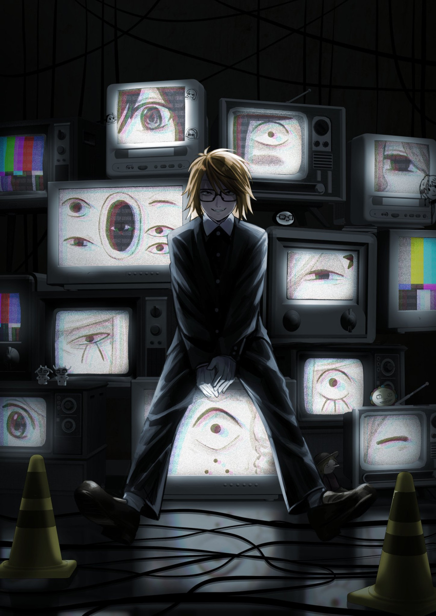 1boy, avalona, black_eyes, black_jacket, blonde_hair, cable, commentary_request, crt