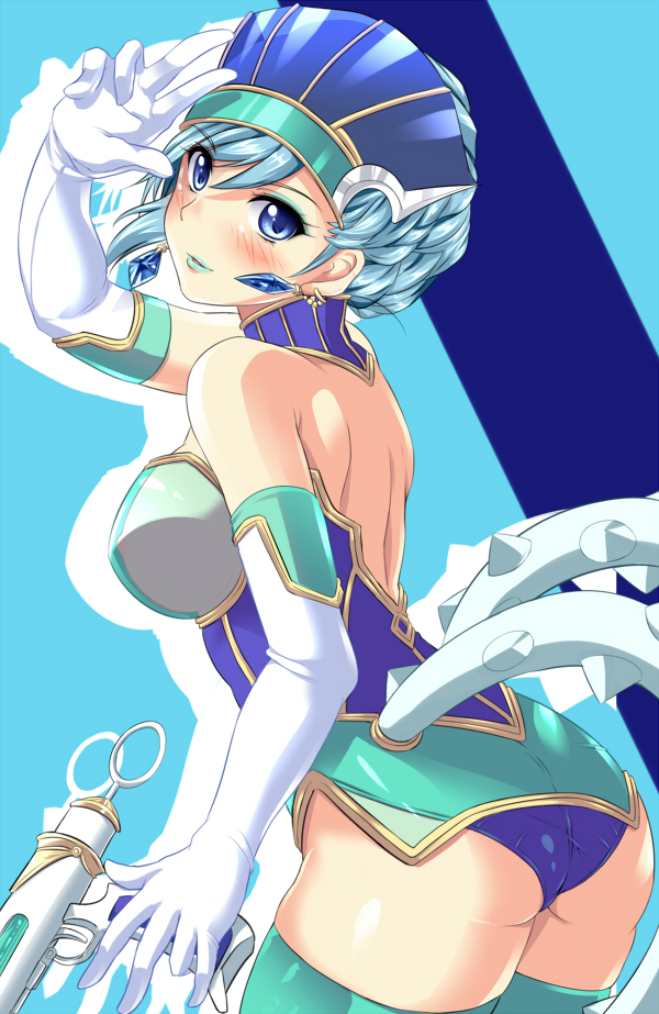anonimasu, ass, bad_id, bare_shoulders, blue_eyes, blue_hair, blue_rose_(tiger_&amp;_bunny), blush