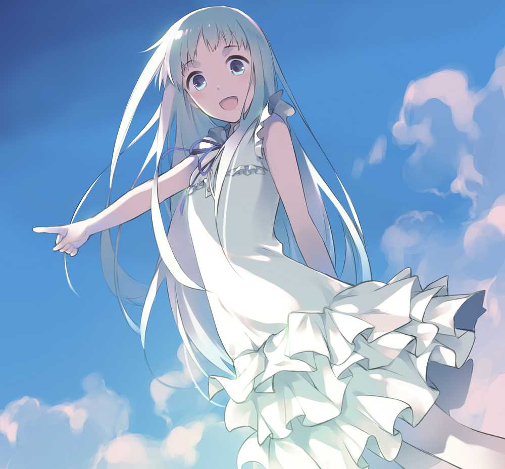 :d, blue_eyes, cloud, clouds, dress, honma_meiko, long_hair, open_mouth