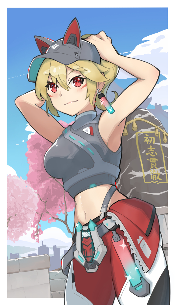 1girl, ahonis_(pixiv110944439), animal_ears, bare_shoulders, baseball_cap, blonde_hair, blue_sky, blush