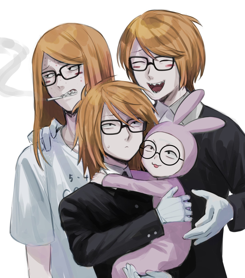 aged_down, aged_up, black_jacket, carrying, child, child_carry, donkey_costume, glasses