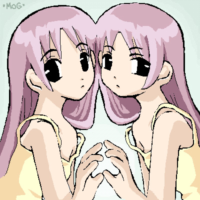 2girls, anime_coloring, aqua_background, archived_source, artist_name, black_eyes, camisole, closed_mouth, dithering, expressionless, fewer_digits, jaggy_lines, jang_sun-yeong, long_hair, looking_to_the_side, lowres, multiple_girls, oekaki, original, parted_bangs, pastel_colors, purple_hair, sidelocks, simple_background, spaghetti_strap, straight_hair, strap_slip, thick_outlines, upper_body, violet_eyes, yellow_camisole