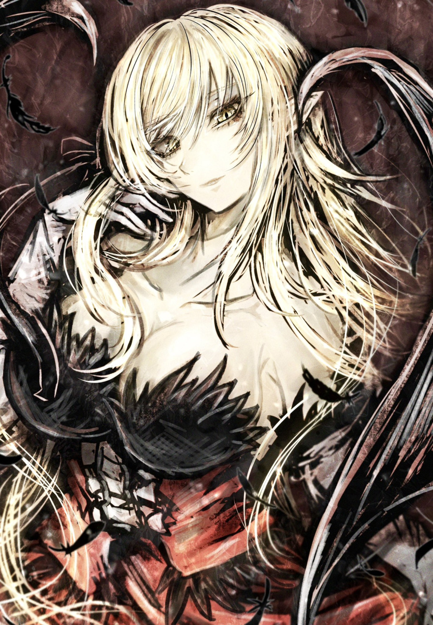 1girl, arm_at_side, black_feathers, black_ribbon, blonde_hair, breasts, center_frills, closed_mouth