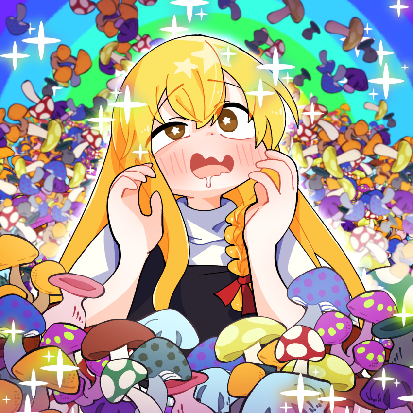 black_vest, blonde_hair, blush, braid, commentary, drooling, drugged, gram_9